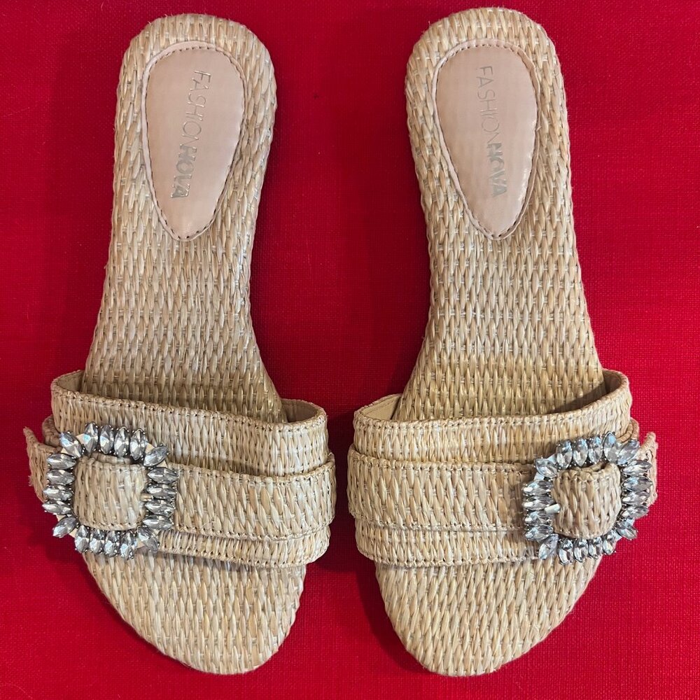 Fashion Nova Tan Straw Slide Sandals with Crystal Buckle